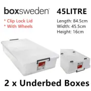 2x Underbed Heavy Duty Storage Containers Box 45L Large Plastic Wheeled Shoes