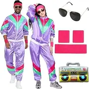 80s 90s Fancy Dress Costumes for Adults, 80s Shell Suit Costume, Retro Tracksuit Outfit Set with Headband Wristbands Glasses Inflatable Radio, for Halloween Carnival Party