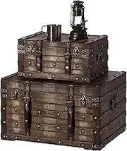 Wooden Brown Storage Trunk with Faux Leather Straps and Handles (Set of 2)