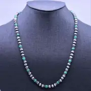 Green Malachite and Sterling Silver 6mm Beaded Navajo Desert Pearls Necklace