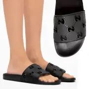 GUCCI SHOES GG RHOMBI LOGO CUT-OUT BLACK RUBBER FLAT SLIDE SANDALS sz 39 9