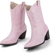 [MISSMILLER] Women’s Rhinestone Cowboy Boots Pointed Toe Mid Calf Boots Sparkly Block Heel Cowgirl Boots with Pull On Tabs