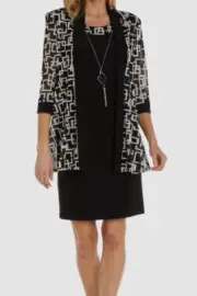 R & M Richards Women's Black White Printed Mesh Two Piece Dress Set Plus Size 16