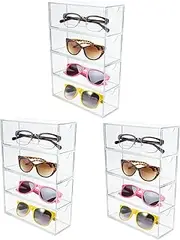 YRYUNRUI 3Pcs Acrylic Sunglasses Organizer, Clear Eyeglasses Holder with 4 Drawers, Make-up Storage Case, Transparent Display Box for Jewelry, Watch,Lipstick, Cosmetics,Cotton Swabs and Balls