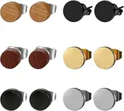 [OIDEA] 6 Pairs 8MM Stainless Steel Wood Stud Earrings Men, Pierced Post Wood Earrrings for Men Women
