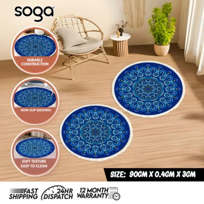 SOGA 2X 90cm Blue Mandala Round Carpet Living Room Home Decor Anti-Slip Doormat