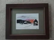 OOAK Original Watercolor- Barn, Snow, Sunrise, Geese-Signed, Matted, Framed