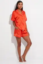 Orange Satin Pj Contrast Piping Button Through Pyjama Set - Size L, Women's Pj Set