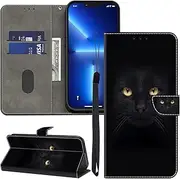 [GLANDOTU] Leather Case for Samsung Galaxy A15 4G/5G Case, Card Slots Pattern Flip Motifs Wallet Mobile Phone Case Protective Case Compatible with Samsung A15 Case - Black Cat
