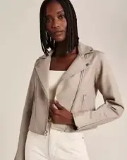 Abercrombie & Fitch Women's Vegan Leather Moto Jacket Natural Light Tan Sz L NWT