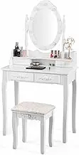 Costway Dressing Table Stool Set, Makeup Vanity Set w/Rotating Mirror w/10 LED Dimmable Bulbs, Touch Switch, 4 Drawers & 2 Dividers, Modern Bedroom Makeup Table with Cushioned Stool for Women Girls