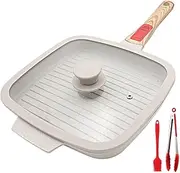 RANX INGST Griddle Pan with Lid, 10 Inch Cast Aluminium Non Stick Steak Pan with Detachable Handle for Induction Hob, White
