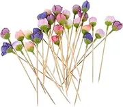 TINEASUR 30pcs Rose Flower Cocktail Picks Decorative Bamboo Skewers for Appetizers Fruit and Desserts Lifelike Bud Design for Weddings Parties and Events Garnish Picks