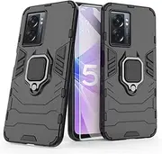 Hybrid Case for Oppo A57s (6.56 Inch), A57 4G 2022 New Released, [2 in 1] with 2.5D Clear Tempered Glass Screen Protector, Armor Rugged Cell Phone Cover Metal Ring Shockproof Military Grade (Black)