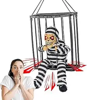 Motion Sensor Halloween Decorations,Scary Skull Motion Activated Halloween Decor - Electric Eyes Hangable Prisoner Cage Ghost Vocalize Talking Skull for Haunted House Puchen