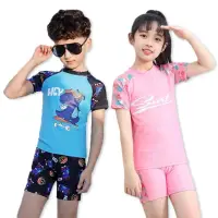 在飛比找momo購物網優惠-【OSIN】兒童泳衣 女童中大童短袖卡通防曬 兩截式泳裝(兩
