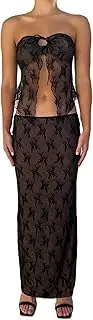 [ROAONOCOMO] Women Y2K 2 Piece Long Skirt Set V Neck Halter Crop Top Off Shoulder Slim Fit Tube Top Split Maxi Skirts Outfit