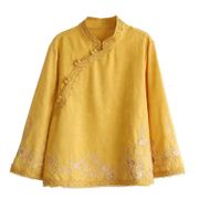 M-4XL 黃色刺繡襯衫 女裝棉麻刺繡中式上衣唐裝民族風長袖立領套頭襯衫襯衣