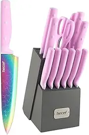 hecef 14 Pieces Knife Set with Block, Rainbow Titanium Knives Set with Laser Pattern, Martensitic Stainless Steel Chef Knife Set with Sharpener, Steak Knife, Scissors, Mothers Day Gift