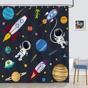 Outer Space Shower Curtain for Kids Boys Rocket Planets Astronaut Blue