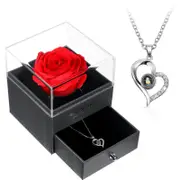 Zhiyi I Love You Necklace 100 Languages Projection Heart Pendant Crystal Loving Memory Collarbone Necklace with Red Rose Jewelry Storage Box for Wo...
