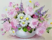 5D Diamond Painting White Bowl Daisies & Pink Roses Kit