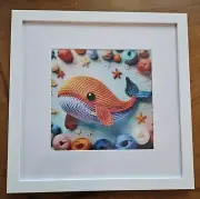 Framed Cute Yarn Whale Art Print 12x12" White Wooden Frame Nursery Kidsroom NEW