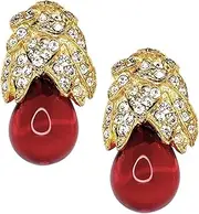 [Kenneth Jay Lane] Polished Gold, Rhinestone And Ruby-Colored Glass Clip-On Earrings