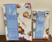 Vintage Fall Fruit Print Tablecloth & Napkins Pear Plums Grapes Leaves 52 x 70