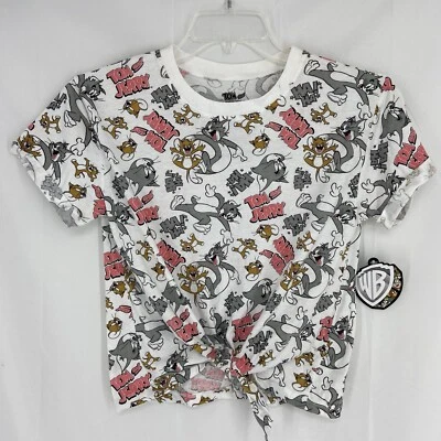 Tom And Jerry Shirt Women Tie Front Crop Top Cartoon Graphic Tee Size Small