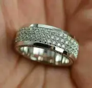 1.40Ct Round Moissanite 3 Row Stone Mens Wedding Ring Band 14K White Gold Plated