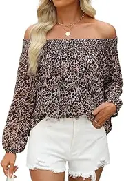 [ZESICA] Women's Summer Off Shoulder Tops 2025 Floral Chiffon Long Sleeve Loose Dressy Casual Shirts Blouses