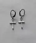 Silver Tone Cross Charm Drop Earrings Stainless Steel Huggie Hoop Hinged Sleeper