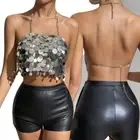 Womens Glitter Sequin Halter Crop Top Sexy Backless Body Chain Camisole Clubwear