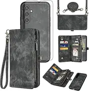 [Asuwish] Mobile Phone Case for Samsung Galaxy S24 Plus S24+ 5G Case with Strap Film Protective Film Card Slot Foldable Leather Flowers Wallet Stand S24plus 24S S 24 + 24+ Cases Protective Phone Case