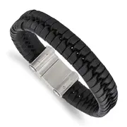 Stainless Steel Chisel Brushed Black Leather 8.5 Inch Bracelet