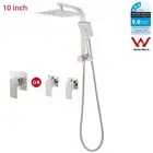 Square 10'' Twin Rain Shower Head Hand Held Arm Mixer Taps Set Brushed Nickel