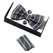 Mens Grey Textured Stripe Matching Bow Tie, Pocket Square & Cuff Links Set