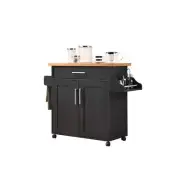 Kitchen Island Black-Beech Spice Rack Towel Holder Cabinet Drawer Wheels Casters