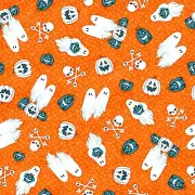 Henry Glass Welcome Foolish Mortals Tossed Ghosts & Pumpkins Orange, Fabric BTY