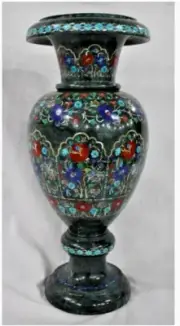 24" Green Marble Inlay Flower Vase | Hand-Carved Semiprecious Stone Pot