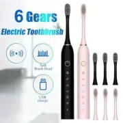 Sonic Electric Toothbrush 4 Heads USB Charging Pink White Black 6 Modes 2m Timer