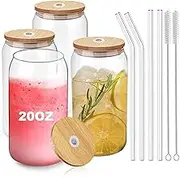 D.M DESIGN·MASTER [Pack of 4, 590 ml] Premium Drinking Glasses with Bamboo Lid and Glass Straws, Long Drink Glasses, Can-shaped Glass Cups, Perfect for Beer, Cocktails, Iced Coffee, Iced Tea and Soda.