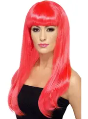 Babelicious Womens Long Neon Pink Costume Wig with Fringe