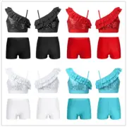 Kids Girls Sequins Hip Hop Jazz Dance Crop Tops Vest Shorts Performance Costumes
