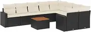 vidaXL Garden Sofa Set - Outdoor Modular Rattan Furniture with Cushions and Acacia Wood Table, Water-Resistant, Black & Cream