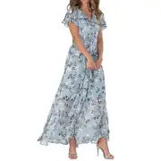 V-neck Ruffle Short Sleeve Maxi Dress Waist Tight High-waist Flowy Hem Sweet Floral Print Chiffon Dress Female Clothing light blue M