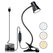 USB LED Desk Lamp Clip on Reading Light, 3 Light Mode 10 Dimmable Brightness Levels Book Light for Dorm Bed Headboard, Adjustable Flexible Neck Clamp Light, Pe