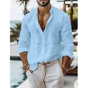 Men's Shirt Linen Shirt Summer Shirt Beach Wear Button Up Shirt Plain Casual Daily Black White Pink Blue Long Sleeve Collar Spring Summer Clothing Apparel