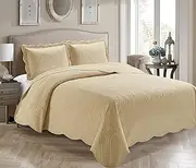 [Better Home Style] 3 Piece Luxury Ultrasonic Embossed Solid Color Quilt Coverlet Bedspread Oversized Bed Cover Set # Veronica (King/Cal-King, Beige/Khaki)